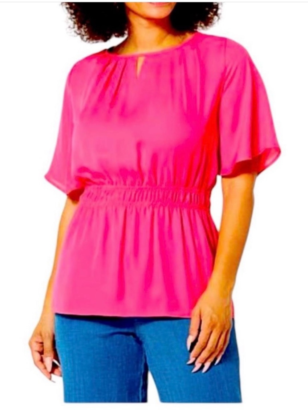 Women's Hot Pink Elastic-Waist Short Sleeve Blouse